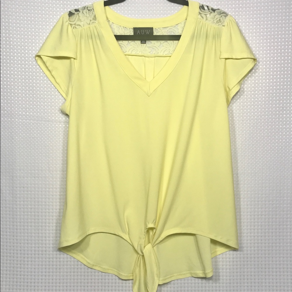 Cute Yellow Front Tie V Neck Short Sleeve Shirt L